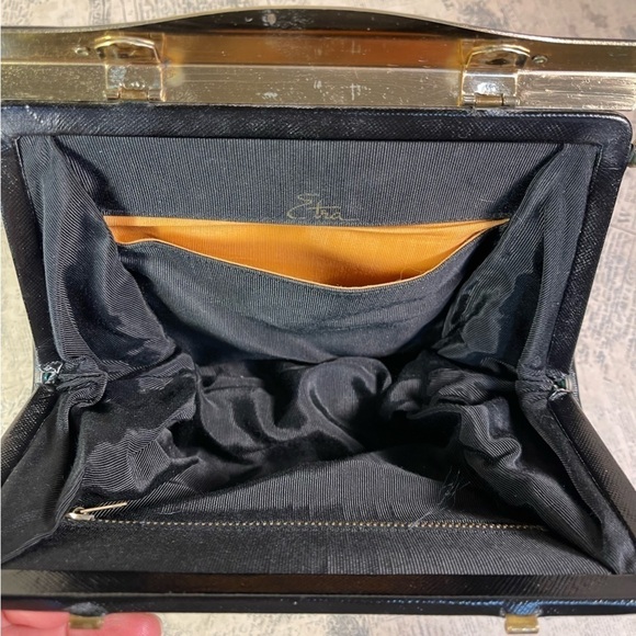 Etra Purse Vintage 1960's Black Leather French Hand painted with Pink Flowers - Picture 8 of 15